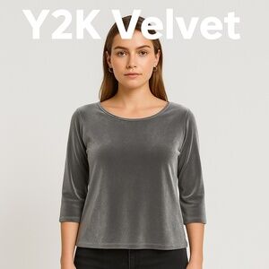 VINTAGE Silver Velvet Stretch 3/4 Sleeve Top Y2K Holiday Glam Petite L